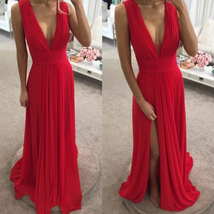 Red floral wedding guest dress