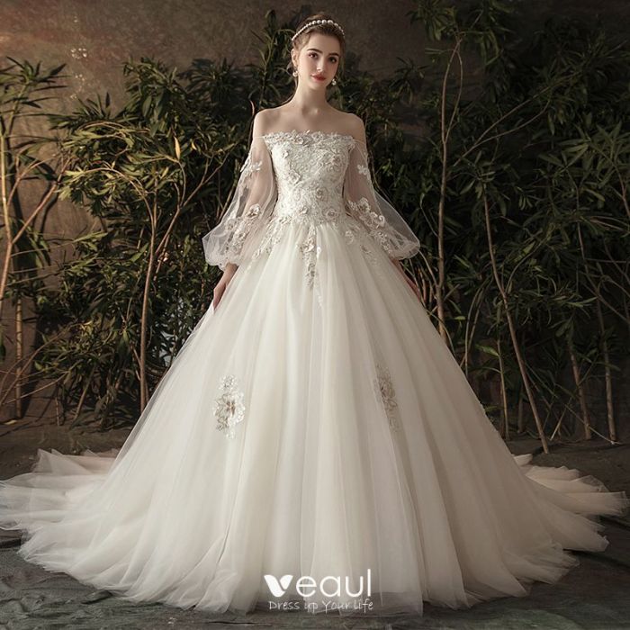 Puff sleeve ball gown wedding dress